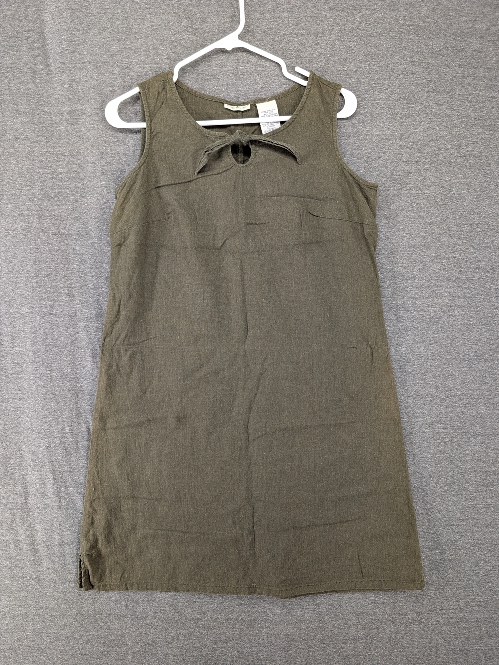 Sleeveless Linen Blend Olive Tie-Neck Shift Dress